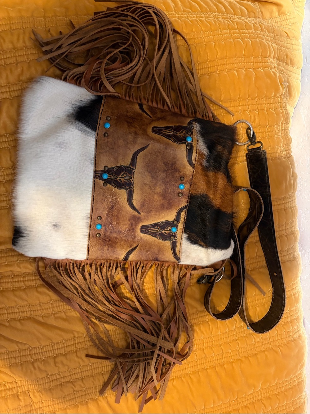 Western Fringe Cowhide Crossbody Bag in Brown and White